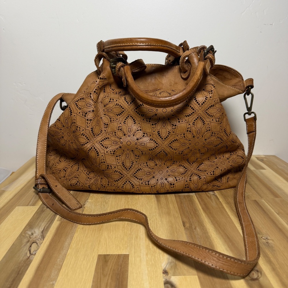Fiori di Firenze Laser Cut Tan Leather Satchel Bag Boho Whimsigoth Made in Italy